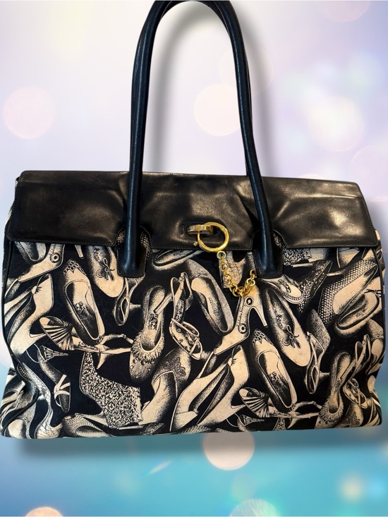 Salvatore Ferragamo Handbags - Salvatore Ferragamo Black and Cream Shoe-Print Travel Tote with Gold Hardware